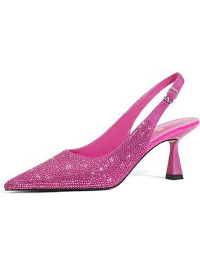 Women's Pink Kitten Heels Slingback Low Heel Dress Shoes Closed Toe Rhinestone